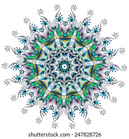 Beautiful card with Feather. Card of mandala in vector, cards or for any other kind of design, birthday and other holiday.Bright illustration. Pattern with peacock, background, kaleidoscope, india