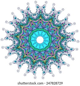 Beautiful card with Feather. Card of mandala in vector, cards or for any other kind of design, birthday and other holiday.Bright illustration. Pattern with peacock, background, kaleidoscope, india