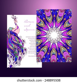 Beautiful card with Feather. Card of mandala in vector, cards or for any other kind of design, birthday and other holiday.Bright illustration. Pattern with peacock, background, kaleidoscope, india