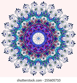 Beautiful card with Feather. Card of mandala in vector, cards or for any other kind of design, birthday and other holiday.Bright illustration. Pattern with peacock, background, kaleidoscope, india