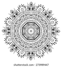 Beautiful card with Feather. Card of mandala in vector, cards or for any other kind of design, birthday and other holiday.Bright illustration. Pattern with peacock, background, kaleidoscope, india