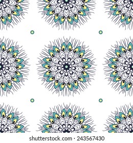 Beautiful card with Feather. Pattern of mandala in vector, cards or for any other kind of design, birthday and other holiday.Bright illustration. Pattern with peacock, background, kaleidoscope, india
