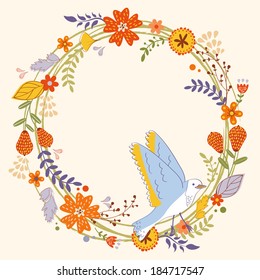 Beautiful card with floral wreath and bird