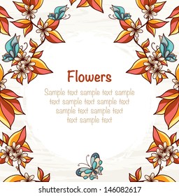 Beautiful card with flowers and butterflies. Red autumn theme. Vector template with floral elements. Vector file has few layers for easy using. 