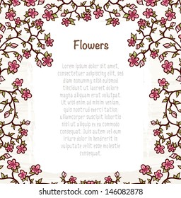 Beautiful card with flowers and fresh leaves. Vector template with floral elements. Vector file has few layers for easy using. 