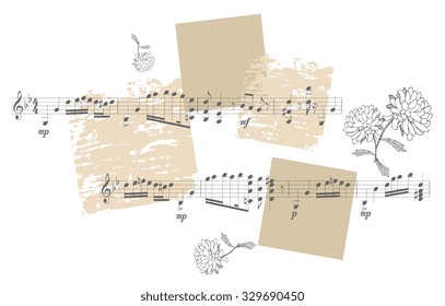 Beautiful card with flowers and musical notes on grunge background. Vector illustration.