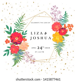 Beautiful card with flowers in polyhedron gold frame, great design for any purposes. Geometric decorative texture. Vector abstract foliage background with floral bouquets and golden spray.