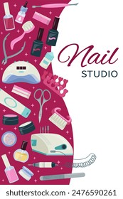 Beautiful card, flyer, banner set of nails care elements. Frame with manicure tools kit. Vector template design. Social media post, concept for nail studio, salon background. Flat vector illustration