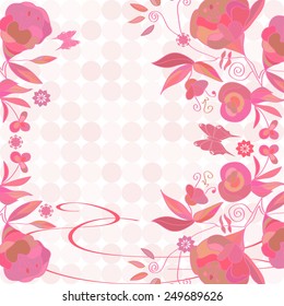 Beautiful card, frame, background. Pink flowers. Doodle, sketch