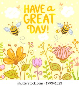 beautiful card with funny and cute cartoon two bees and flowers