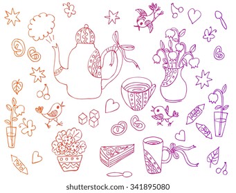 Beautiful card with hand drawn elements for tea party - teapot, cups, spoons, vases with flowers, sweetness. Vector illustration.