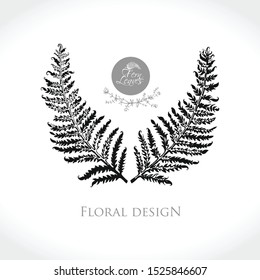 Beautiful card with hand drawn fern leaves plant. Symmetrically arranged two leaves of fern. Floral design logo for flower shop. Vector illustration of a beautiful decor of nature element.
