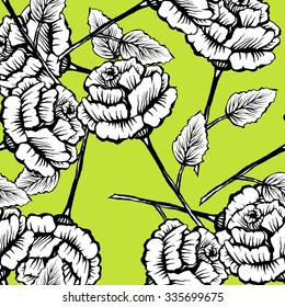 Beautiful card with hand drawn roses isolated on light green. Vintage style tattoo vector art. Engraving romantic Victorian collection illustration. Print fabric design. Linear decoration.