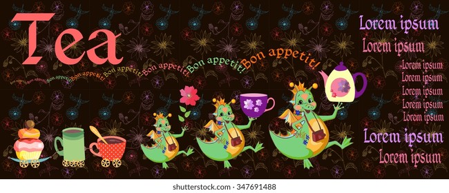 Beautiful card with happy dragons, teapot, cups, cupcake and place for text on floral background. Teatime. Cute vector illustration. 