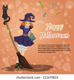 Beautiful card Happy Halloween with a  broom, cat and cute little girl  witch in a hat. Vector