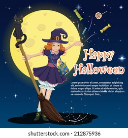 Beautiful card Happy Halloween with a  broom, cat and cute little girl  witch in a hat. Vector