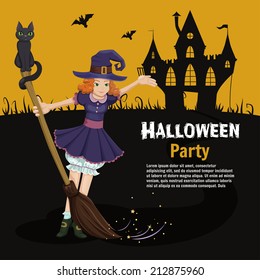 Beautiful card Happy Halloween with a  broom, cat and cute little girl  witch in a hat. Vector