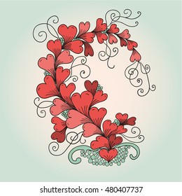Beautiful card with heart in zentangle style. Doodle flower with hearts. Valentines day illustration. Element for design.