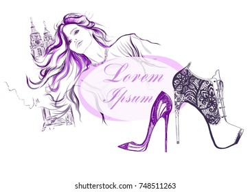 Beautiful card with a high heel Shoe,girl model with a tower in the background. Fashion illustration.