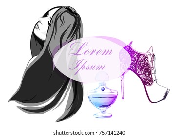 Beautiful card with a high heel Shoe,girl model with a tower in the background. Fashion illustration.