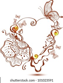 Beautiful card with ink flower and heart, vector illustration