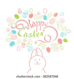 Beautiful card with the inscription: happy Easter on the background of the Doodle Easter eggs, flowers and leaves with Easter Bunny in cartoon style on cut paper with shadow. Hand-drawn illustration