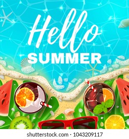 Beautiful card with inscription Hello Summer. Top view on Summer decoration with realistic objects on beach. Vector illustration. Concept of seasonal vacation in tropical country.