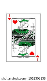 The beautiful card of the Jack of hearts in classic style.