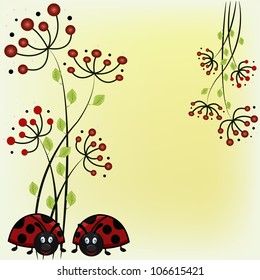 Beautiful card with ladybugs and red flowers