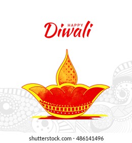 A beautiful card with line art decorated floral diya background of indian festival for diwali celebration.