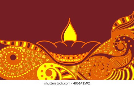 A beautiful card with line art decorated floral diya background of indian festival for diwali celebration.
