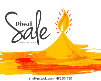 A beautiful card with line art decorated floral diya background of indian festival for diwali celebration.