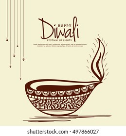 A beautiful card with line art decorated floral diya background of indian festival for diwali celebration.