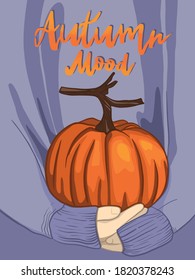 Beautiful card in minimalism with an orange pumpkin and the hands that hold it. Postcard, banner flyer autumn mood