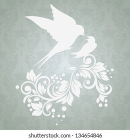 Beautiful card for mothers day with birds swallow and floral swirl