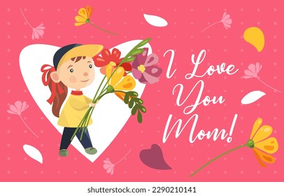 Beautiful card for mother's day in vector. Girl with flowers vector. Congratulations on mother's day. Mother's day card.