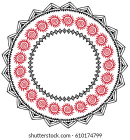 Beautiful card with native zigzag ornaments. Round frame mandala for your text. Hand drawn banner template with ethnic aztec border. Black red contour isolated on white background. Vector