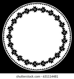 Beautiful card with native zigzag ornaments. Round frame mandala for your text. Hand drawn banner template with ethnic aztec border. Black contour isolated on white background. Vector