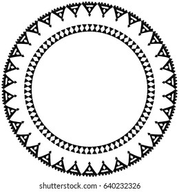 Beautiful card with native zigzag ornaments. Round frame mandala for your text. Hand drawn banner template with ethnic aztec border. Black contour isolated on white background. Vector illustration