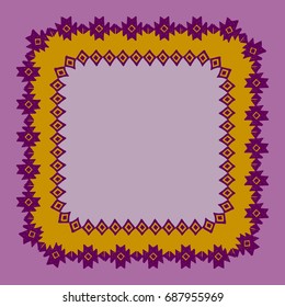 Beautiful card with native zigzag ornaments. Square frame for your text. Hand drawn banner template with ethnic aztec border. purple contour on Orange lilac background. Vector