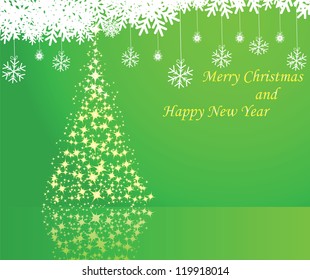 beautiful card with a New Year tree and snowflakes