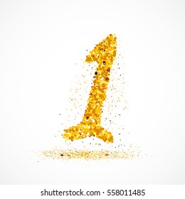 Beautiful card with number 1 made with little glitter circles with falling glittery particles. Figure one on white background. Vector illustration for your graphic design.