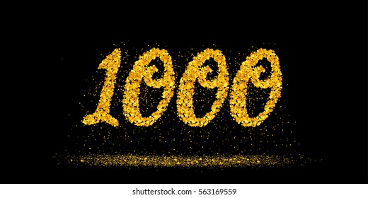 Beautiful card with number 1000 made with little glitter circles with falling glittery particles. Thousand on black background. Vector illustration for your graphic design.