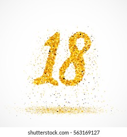 Beautiful card with number 18 made with little glitter circles with falling glittery particles. Number eighteen on white background. Vector illustration for your graphic design.