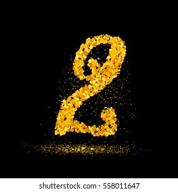 Beautiful card with number 2 made with little glitter circles with falling glittery particles. Figure two on black background. Vector illustration for your graphic design.