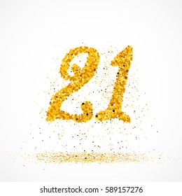 Beautiful card with number 21 made with little glitter circles with falling glittery particles. Golden twenty one on white background. Vector illustration for your graphic design.