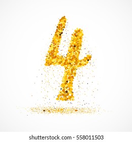 Beautiful card with number 4 made with little glitter circles with falling glittery particles. Figure four on white background. Vector illustration for your graphic design.