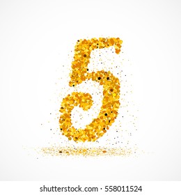 Beautiful card with number 5 made with little glitter circles with falling glittery particles. Figure five on white background. Vector illustration for your graphic design.