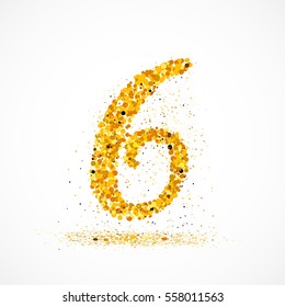 Beautiful card with number 6 made with little glitter circles with falling glittery particles. Figure six  on white background. Vector illustration for your graphic design.