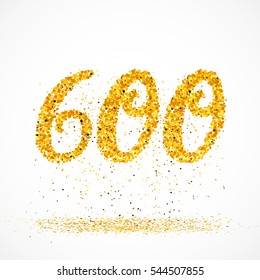 Beautiful card with number 600 made with little glitter circles with falling glittery particles. Golden six hundreds on white background. Vector illustration for your graphic design.